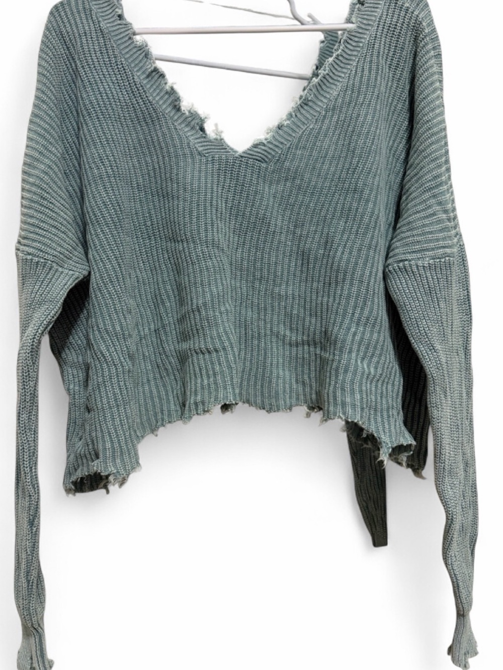 Distressed V-Neck Cropped Off-the-Shoulder Sweater in Sage Green